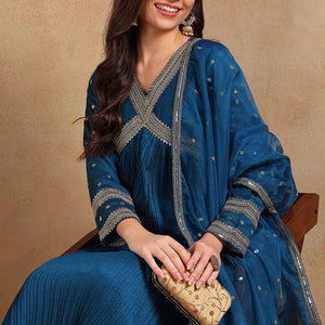 Blue Silk Blend Solid Embroidered Flared Style Suit Set PKSKD2095