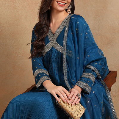 Blue Silk Blend Solid Embroidered Flared Style Suit Set PKSKD2095