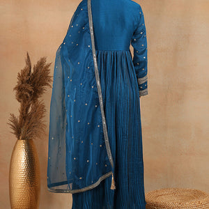 Blue Silk Blend Solid Embroidered Flared Style Suit Set PKSKD2095