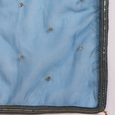 Blue Silk Blend Solid Embroidered Flared Style Suit Set PKSKD2095