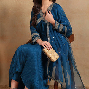 Blue Silk Blend Solid Embroidered Flared Style Suit Set PKSKD2095
