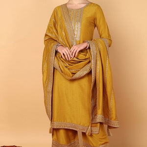 Plus Size Mustard Silk Blend Solid Embroidered Straight Suit Set PKSKD2099