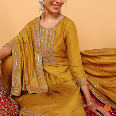 Plus Size Mustard Silk Blend Solid Embroidered Straight Suit Set PKSKD2099