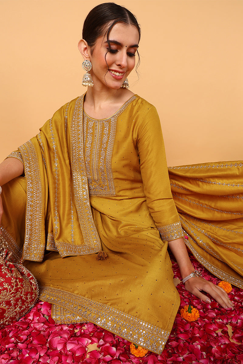 Plus Size Mustard Silk Blend Solid Embroidered Straight Suit Set PKSKD2099