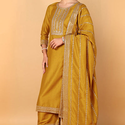 Plus Size Mustard Silk Blend Solid Embroidered Straight Suit Set PKSKD2099