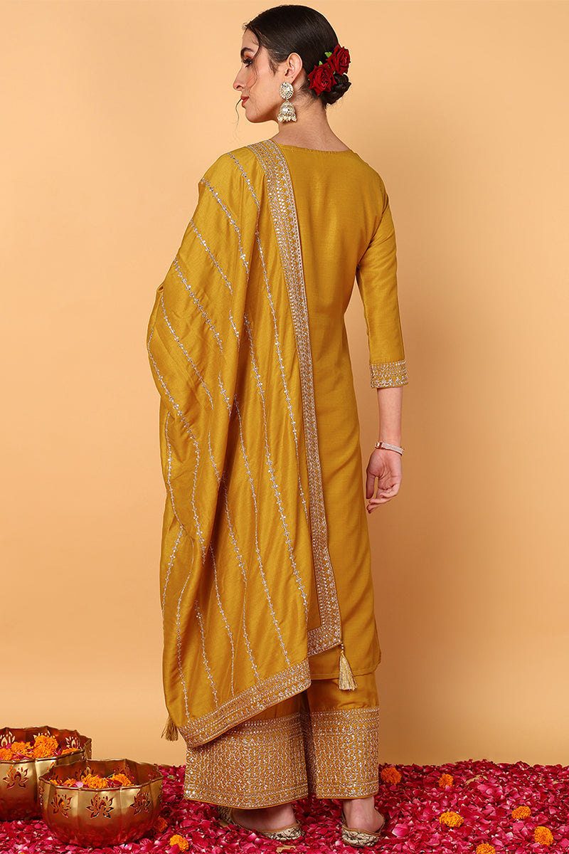Plus Size Mustard Silk Blend Solid Embroidered Straight Suit Set PKSKD2099