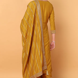 Mustard Yellow Silk Blend Solid Embroidered Straight Suit Set PKSKD2099