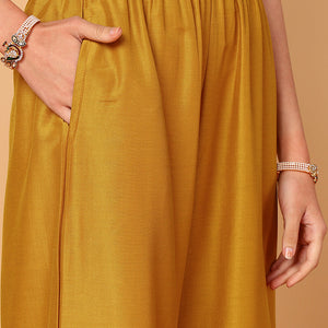 Plus Size Mustard Silk Blend Solid Embroidered Straight Suit Set PKSKD2099