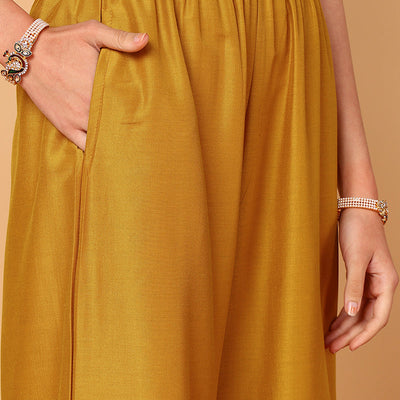 Plus Size Mustard Silk Blend Solid Embroidered Straight Suit Set PKSKD2099