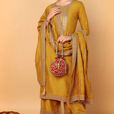 Plus Size Mustard Silk Blend Solid Embroidered Straight Suit Set PKSKD2099