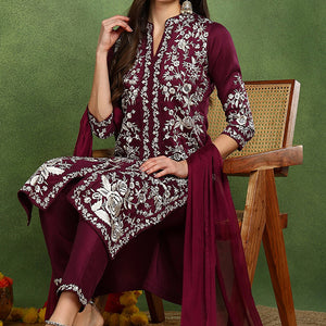 Purple Silk Blend Solid Embroidered Straight Suit Set PKSKD2107