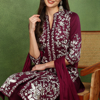 Purple Silk Blend Solid Embroidered Straight Suit Set PKSKD2107