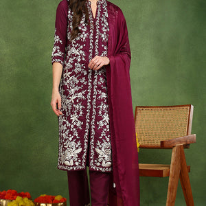 Purple Silk Blend Solid Embroidered Straight Suit Set PKSKD2107