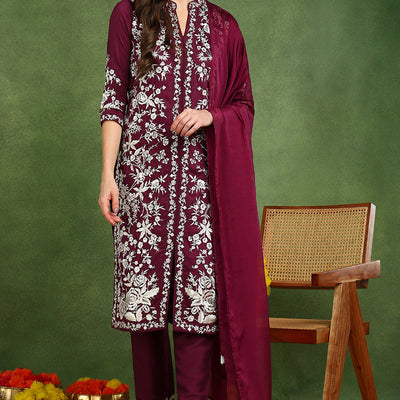 Purple Silk Blend Solid Embroidered Straight Suit Set PKSKD2107