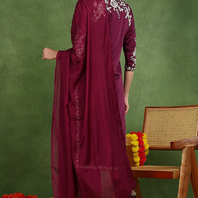 Purple Silk Blend Solid Embroidered Straight Suit Set PKSKD2107