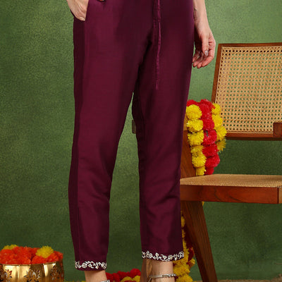 Purple Silk Blend Solid Embroidered Straight Suit Set PKSKD2107