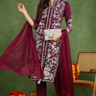 Purple Silk Blend Solid Embroidered Straight Suit Set PKSKD2107