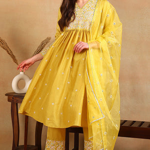 Plus Size Yellow Silk Blend Solid Yoke Design Flared Style Suit Set PKSKD2125