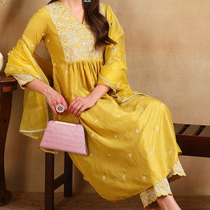 Plus Size Yellow Silk Blend Solid Yoke Design Flared Style Suit Set PKSKD2125