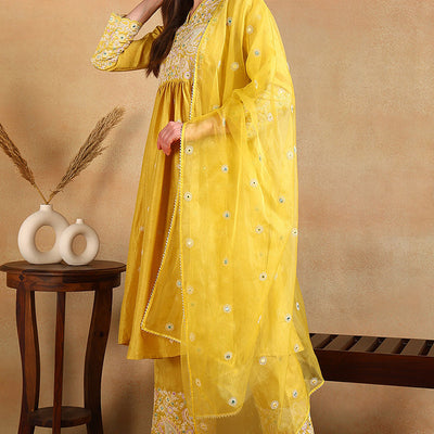 Plus Size Yellow Silk Blend Solid Yoke Design Flared Style Suit Set PKSKD2125