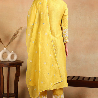 Plus Size Yellow Silk Blend Solid Yoke Design Flared Style Suit Set PKSKD2125