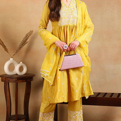Plus Size Yellow Silk Blend Solid Yoke Design Flared Style Suit Set PKSKD2125