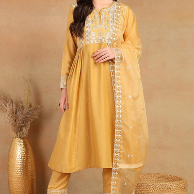 Yellow Silk Blend Solid Embroidered Flared Suit Set PKSKD2143