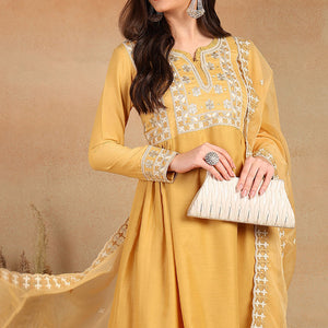 Yellow Silk Blend Solid Embroidered Flared Suit Set PKSKD2143
