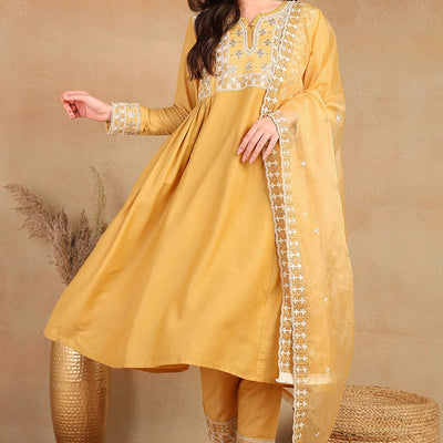 Yellow Silk Blend Solid Embroidered Flared Suit Set PKSKD2143