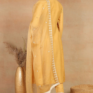 Yellow Silk Blend Solid Embroidered Flared Suit Set PKSKD2143