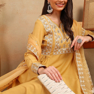 Yellow Silk Blend Solid Embroidered Flared Suit Set PKSKD2143