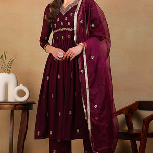 Purple Silk Blend Solid Embroidered Flared Empire Suit Set PKSKD2146