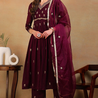 Purple Silk Blend Solid Embroidered Flared Empire Suit Set PKSKD2146