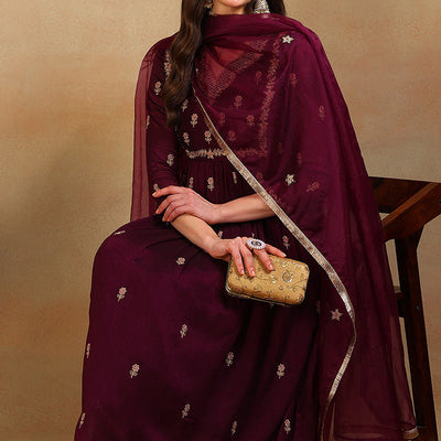 Purple Silk Blend Solid Embroidered Flared Empire Suit Set PKSKD2146