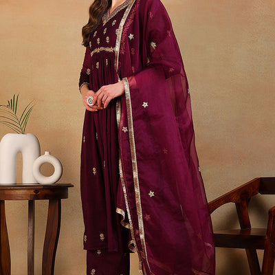 Purple Silk Blend Solid Embroidered Flared Empire Suit Set PKSKD2146