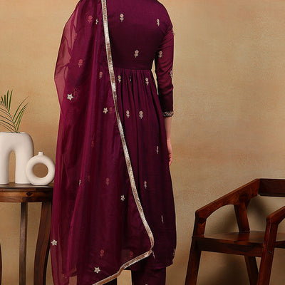 Purple Silk Blend Solid Embroidered Flared Empire Suit Set PKSKD2146