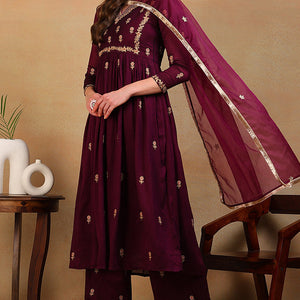 Purple Silk Blend Solid Embroidered Flared Empire Suit Set PKSKD2146