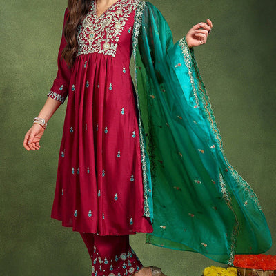 Red Silk Blend Solid Yoke Design Flared Suit Set PKSKD2158