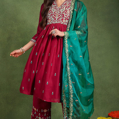 Red Silk Blend Solid Yoke Design Flared Suit Set PKSKD2158