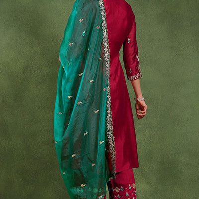 Red Silk Blend Solid Yoke Design Flared Suit Set PKSKD2158