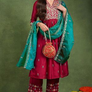 Red Silk Blend Solid Yoke Design Flared Suit Set PKSKD2158