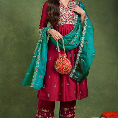 Red Silk Blend Solid Yoke Design Flared Suit Set PKSKD2158