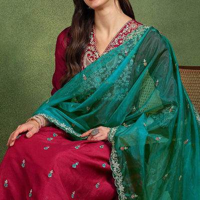 Red Silk Blend Solid Yoke Design Flared Suit Set PKSKD2158