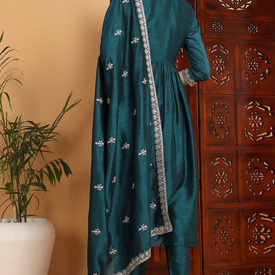 Green Silk Blend Solid Embroidered Flared Suit Set PKSKD2169