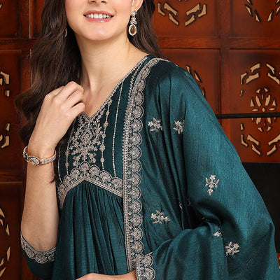 Green Silk Blend Solid Embroidered Flared Suit Set PKSKD2169