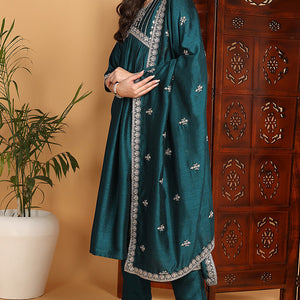 Green Silk Blend Solid Embroidered Flared Suit Set PKSKD2169