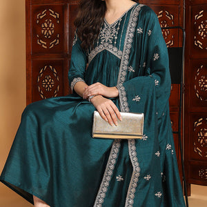 Green Silk Blend Solid Embroidered Flared Suit Set PKSKD2169