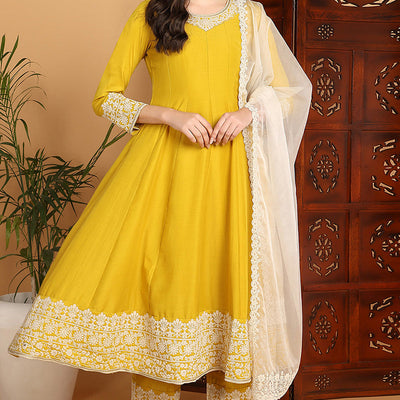 Yellow Silk Blend Solid Embroidered Flared Suit Set PKSKD2193