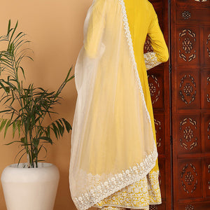 Yellow Silk Blend Solid Embroidered Flared Suit Set PKSKD2193