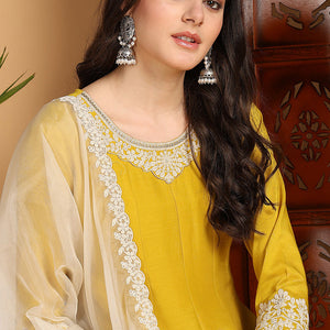 Yellow Silk Blend Solid Embroidered Flared Suit Set PKSKD2193